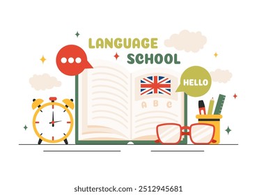 Language School Vector Illustration of Online Learning, Courses, Training Programs, and Studying Foreign Languages Abroad in a Flat Style Background