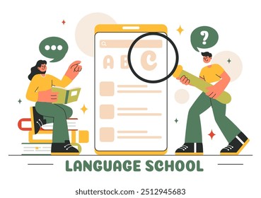 Language School Ilustração Vetor de Aprendizagem Online, Cursos, Programas de Treinamento, e Estudar Línguas Estrangeiras no Exterior em um Plano de Fundo Estilo Plano