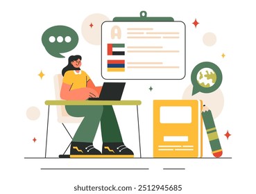 Language School Vector Illustration of Online Learning, Courses, Training Programs, and Studying Foreign Languages Abroad in a Flat Style Background