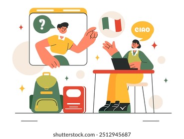 Language School Ilustração Vetor de Aprendizagem Online, Cursos, Programas de Treinamento, e Estudar Línguas Estrangeiras no Exterior em um Plano de Fundo Estilo Plano