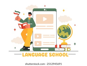 Language School Ilustração Vetor de Aprendizagem Online, Cursos, Programas de Treinamento, e Estudar Línguas Estrangeiras no Exterior em um Plano de Fundo Estilo Plano