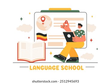 Language School Ilustração Vetor de Aprendizagem Online, Cursos, Programas de Treinamento, e Estudar Línguas Estrangeiras no Exterior em um Plano de Fundo Estilo Plano