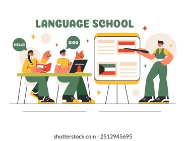 Language School Ilustração Vetor de Aprendizagem Online, Cursos, Programas de Treinamento, e Estudar Línguas Estrangeiras no Exterior em um Plano de Fundo Estilo Plano