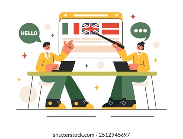 Language School Ilustração Vetor de Aprendizagem Online, Cursos, Programas de Treinamento, e Estudar Línguas Estrangeiras no Exterior em um Plano de Fundo Estilo Plano