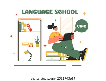 Language School Ilustração Vetor de Aprendizagem Online, Cursos, Programas de Treinamento, e Estudar Línguas Estrangeiras no Exterior em um Plano de Fundo Estilo Plano