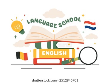 Language School Ilustração Vetor de Aprendizagem Online, Cursos, Programas de Treinamento, e Estudar Línguas Estrangeiras no Exterior em um Plano de Fundo Estilo Plano