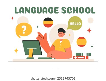 Language School Ilustração Vetor de Aprendizagem Online, Cursos, Programas de Treinamento, e Estudar Línguas Estrangeiras no Exterior em um Plano de Fundo Estilo Plano