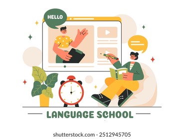 Language School Ilustração Vetor de Aprendizagem Online, Cursos, Programas de Treinamento, e Estudar Línguas Estrangeiras no Exterior em um Plano de Fundo Estilo Plano