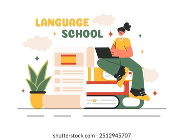 Language School Ilustração Vetor de Aprendizagem Online, Cursos, Programas de Treinamento, e Estudar Línguas Estrangeiras no Exterior em um Plano de Fundo Estilo Plano