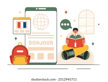 Language School Ilustração Vetor de Aprendizagem Online, Cursos, Programas de Treinamento, e Estudar Línguas Estrangeiras no Exterior em um Plano de Fundo Estilo Plano