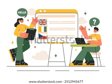 Language School Vector Illustration of Online Learning, Courses, Training Programs, and Studying Foreign Languages Abroad in a Flat Style Background