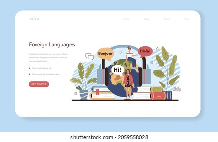 Language school web banner or landing page. Professor teaching foreign languages. Students learning a new language vocabulary. Idea of global communication. Vector illustration in cartoon style