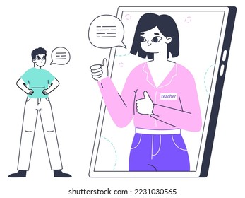 Language school web education. Online e-learning service, web lesson on gadget screen flat vector illustration on white background