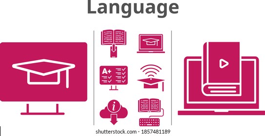 language set. included ebook, student-laptop, cap, test, homework, learn, information, student-desktop icons. filled styles.
