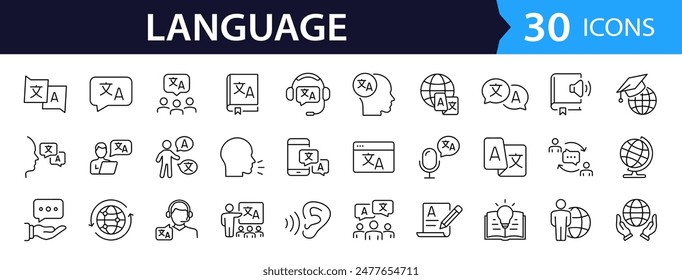 Language set of web icons in line style. Translation and communication linear icon collection. Containing translate, writing, speech, speaking, dictionary, text, language. Editable stroke