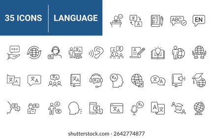 Language set of web icons in line style. Translation and communication linear icon collection. Containing translate, writing, speech, speaking, dictionary, text, language. Editable stroke