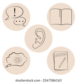 Language skill icon set. Listening, thinking, speaking, writing, reading,  communicating, education, think. Circle symbol vector illustration. Language skills icon set. Minimalist style line sign.