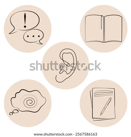 Language skill icon set. Listening, thinking, speaking, writing, reading,  communicating, education, think. Circle symbol vector illustration. Language skills icon set. Minimalist style line sign.
