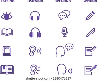 Language skill icon set speaking listening reading writing education test logo vector illustration circle symbol