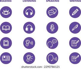 Language skill icon set speaking listening reading writing education test logo vector illustration circle symbol