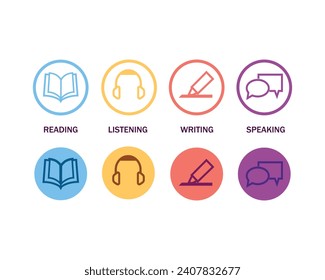 Language skill icon set. Speaking, listening, reading, writing. Education test. Vector illustration