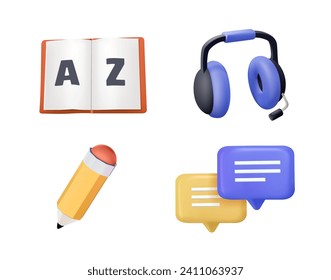 Language skill icon set speaking listening reading writing education test logo vector illustration symbol. 3D icons set. Education illustrations compilation for website design