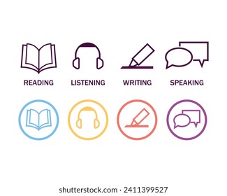 Language skill icon set. Speaking, listening, reading, writing. Education test. Vector illustration