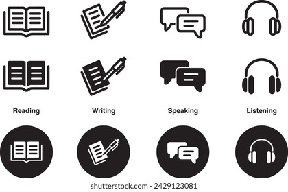 Conjunto de iconos de habilidades lingüísticas escuchar escuchar leer escribir prueba de educación logo vector ilustración círculo símbolo	