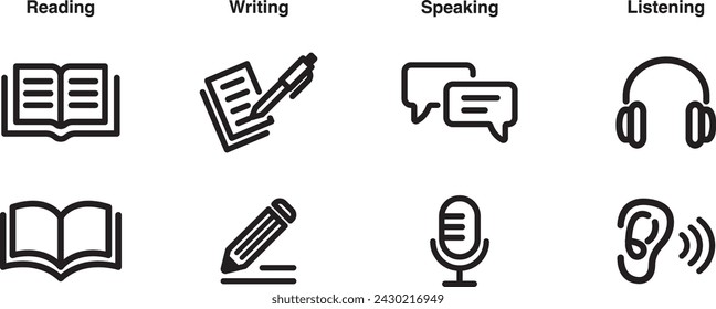 Language skill icon set speaking listening reading writing education test logo vector illustration symbol exam	