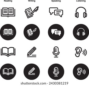 Conjunto de iconos de habilidades lingüísticas comprensión oral lectura escritura prueba de educación logo ilustración vectorial círculo símbolo web botón