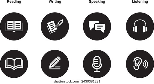 Language skill icon set speaking listening reading writing education test logo vector illustration circle symbol web botton