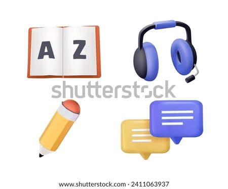 Language skill icon set speaking listening reading writing education test logo vector illustration symbol. 3D icons set. Education illustrations compilation for website design