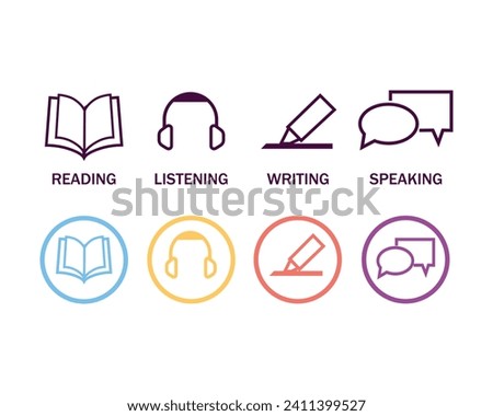 Language skill icon set. Speaking, listening, reading, writing. Education test. Vector illustration
