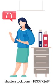 Language skills lessons, audio book, listening to music. Female character think about headphones. Training course on white background. The teacher in the class explains a new topic. Back to school