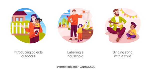 Language And Speaking Development Isolated Cartoon Vector Illustration Set. Introducing Objects Outdoors, Labelling A Household, Singing Song With A Child, Homebased Daycare Vector Cartoon.