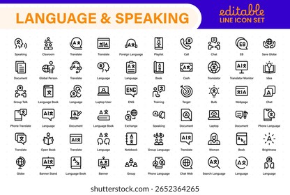 Language and speaking web icon set in line style. Language translation, linguistics, speaking, dictionary, listening skills, writing, translate, collection.