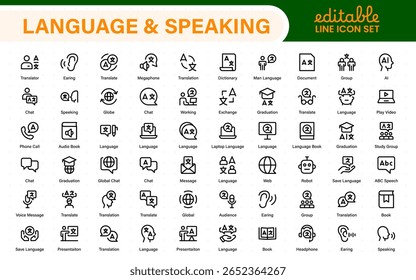 Language and speaking web icon set in line style. Language translation, linguistics, speaking, dictionary, listening skills, writing, translate, collection.
