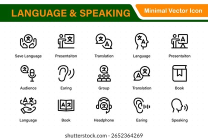 Language and speaking web icon set in line style. Language translation, linguistics, speaking, dictionary, listening skills, writing, translate, collection.