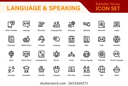 Language and speaking web icon set in line style. Language translation, linguistics, speaking, dictionary, listening skills, writing, translate, collection.