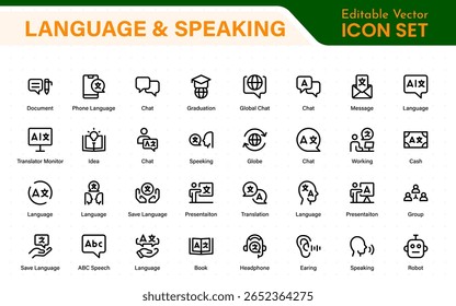 Language and speaking web icon set in line style. Language translation, linguistics, speaking, dictionary, listening skills, writing, translate, collection.