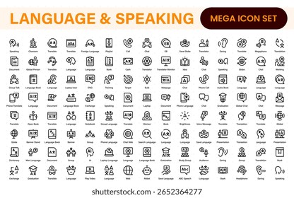 Language and speaking web icon set in line style. Language translation, linguistics, speaking, dictionary, listening skills, writing, translate, collection.