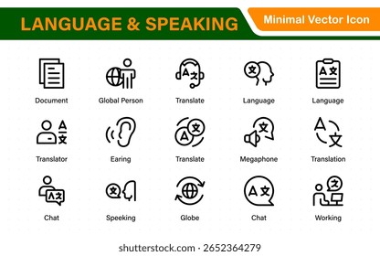 Language and speaking web icon set in line style. Language translation, linguistics, speaking, dictionary, listening skills, writing, translate, collection.
