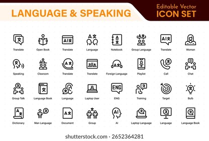 Language and speaking web icon set in line style. Language translation, linguistics, speaking, dictionary, listening skills, writing, translate, collection.