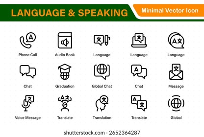 Language and speaking web icon set in line style. Language translation, linguistics, speaking, dictionary, listening skills, writing, translate, collection.