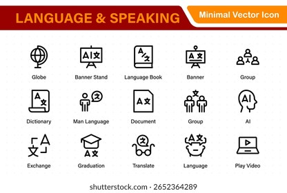 Language and speaking web icon set in line style. Language translation, linguistics, speaking, dictionary, listening skills, writing, translate, collection.