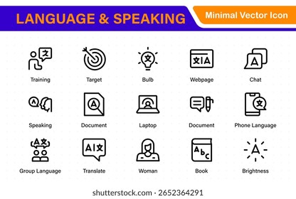 Language and speaking web icon set in line style. Language translation, linguistics, speaking, dictionary, listening skills, writing, translate, collection.