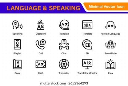 Language and speaking web icon set in line style. Language translation, linguistics, speaking, dictionary, listening skills, writing, translate, collection.