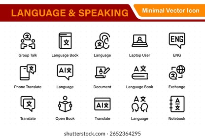 Language and speaking web icon set in line style. Language translation, linguistics, speaking, dictionary, listening skills, writing, translate, collection.