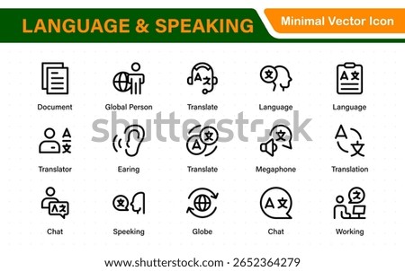 Language and speaking web icon set in line style. Language translation, linguistics, speaking, dictionary, listening skills, writing, translate, collection.