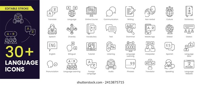 Language stroke icon set. Containing communication, translate, speech, non-verbal, writing, speaking, dictionary, text, language skills and vocabulary icons. Editable stroke icon collection.